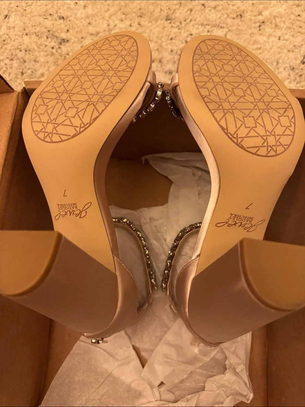 Jewel Badgley Mischka Champagne Satin Jeweled Ankle-Strap Sandals